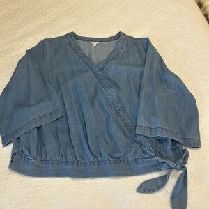 Cato Chambray/Denim Wrap Top with 3/4 Length Sleeves. Size 18. Slimming Design!